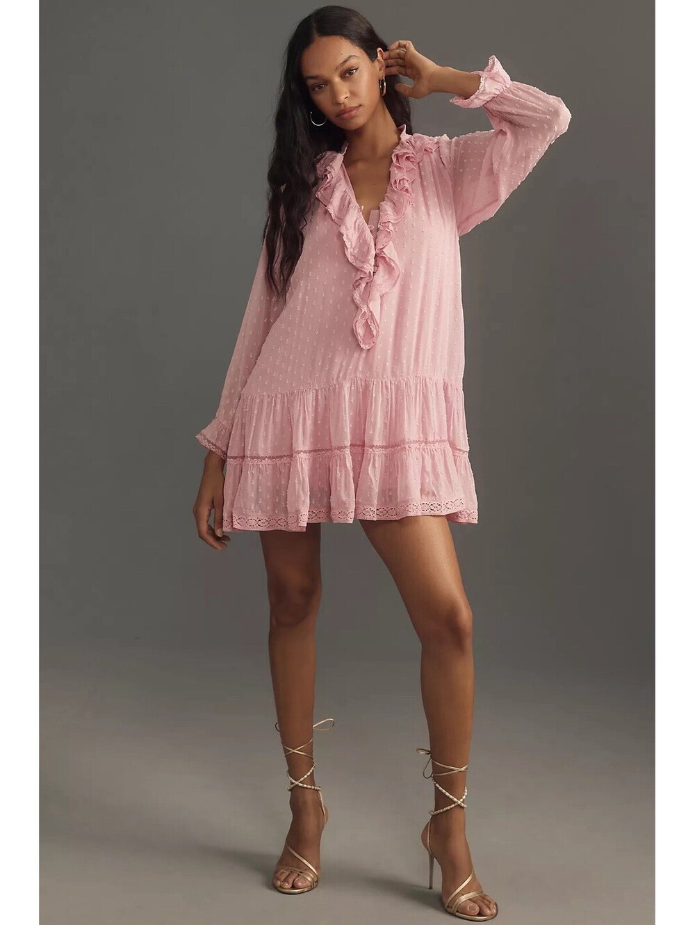 Anthropologie Mini Dress Women’s Sz S Pink Ruffle V-Neck Swiss Dot Tunic Dainty